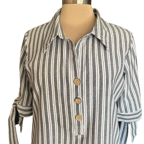 J Gee Gray White Striped Short Sleeve Shirt Dress LARGE Coastal Preppy Travel - Picture 2 of 9